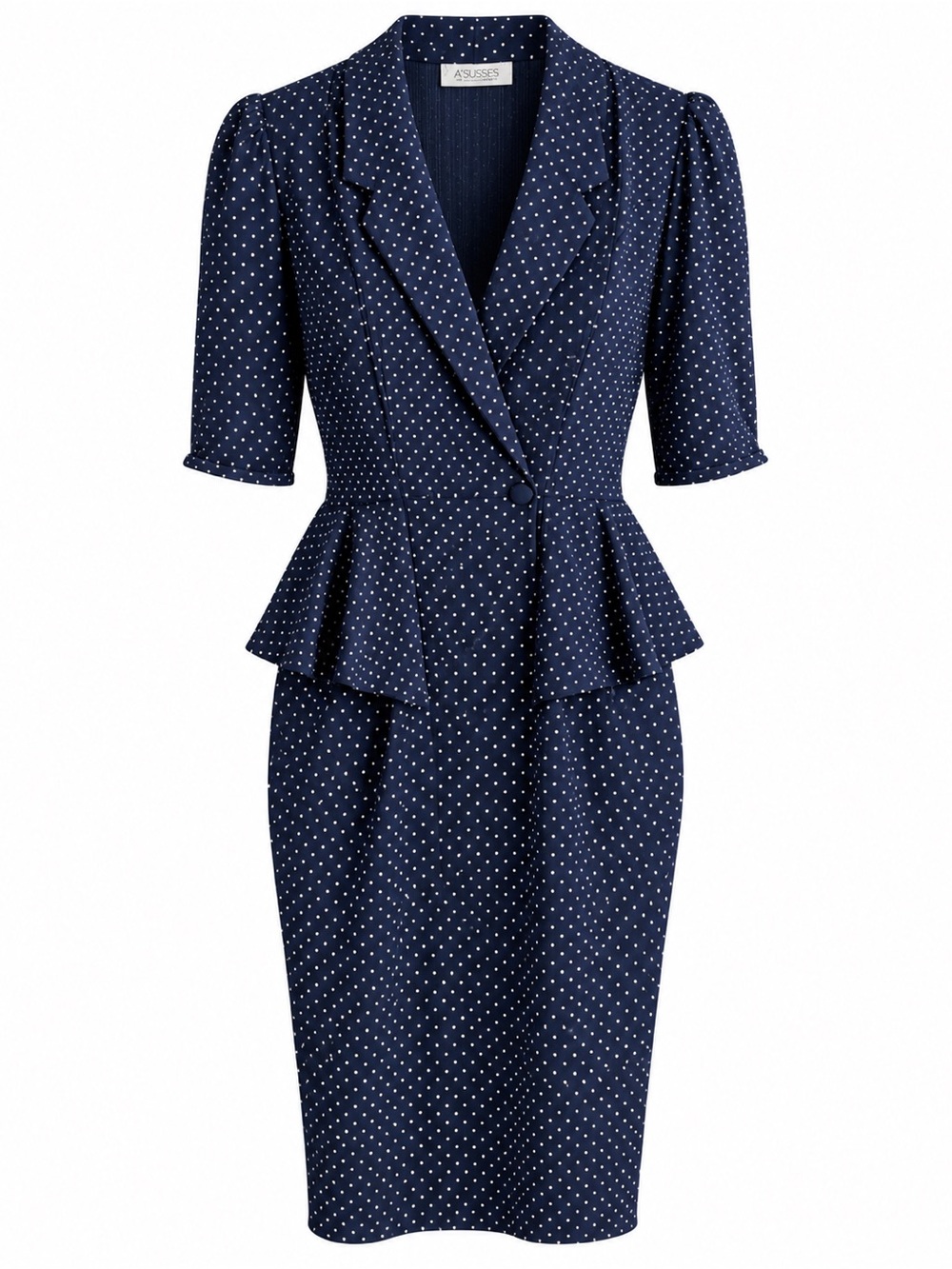 Vintage 3 Suisses Le Chouchou Navy Blue Polka Dot Peplum Midi Dress Size S/M